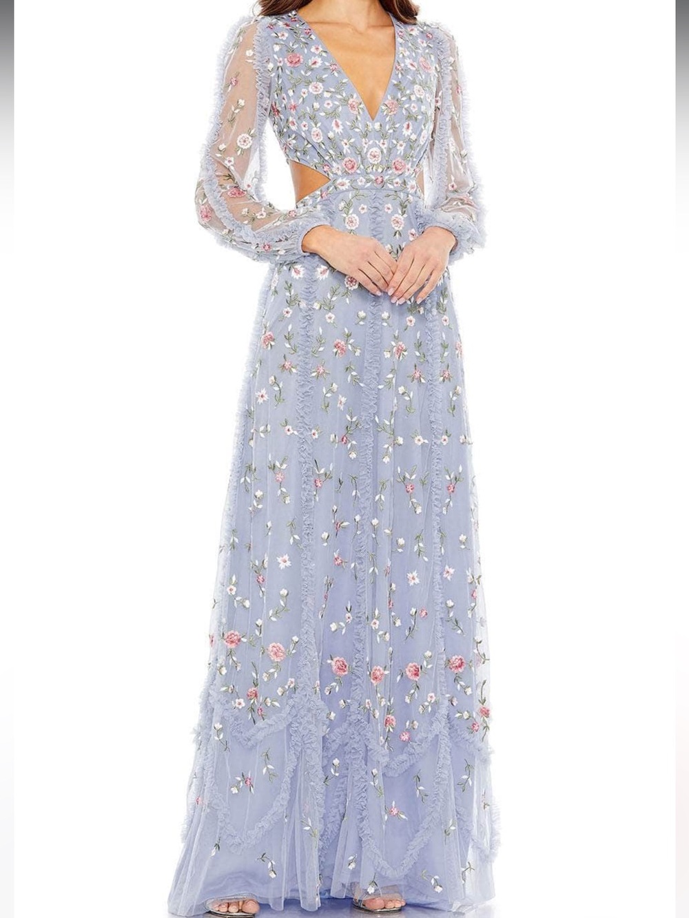 Mac Duggal 35107 Periwinkle Floral Embroidered V-Neck Evening Dress